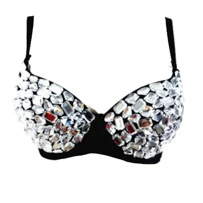 A black underwire bra heavily embellished with large, clear rhinestones and crystals on the cups, shown against a plain white background.