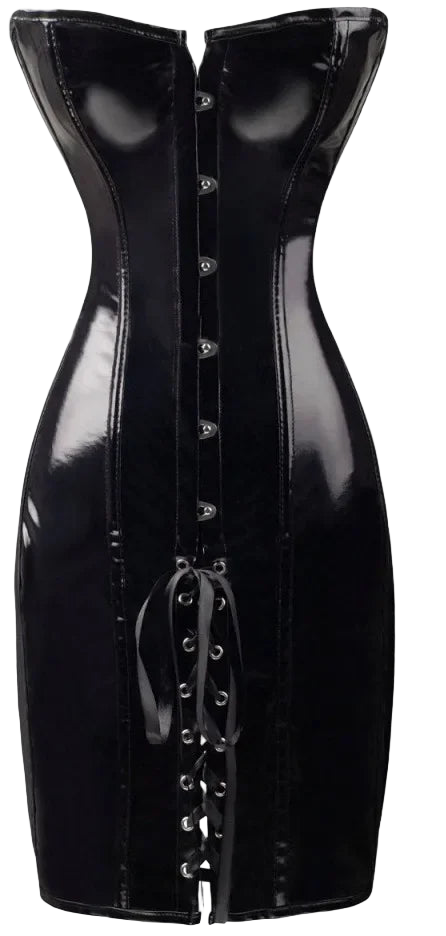 Black patent leather corset dress with buttons on a white background