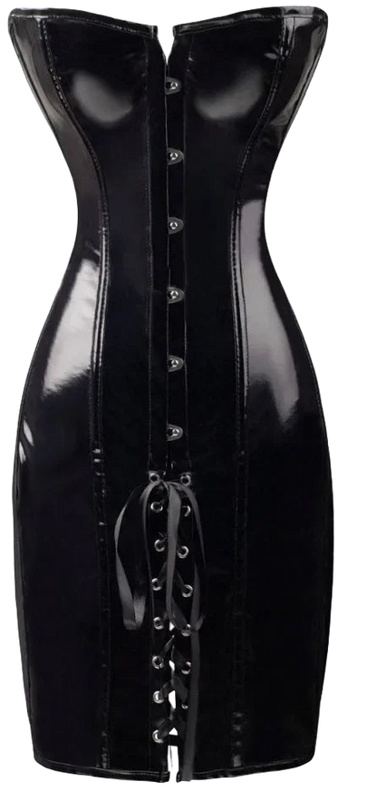 Black patent leather corset dress with buttons on a white background
