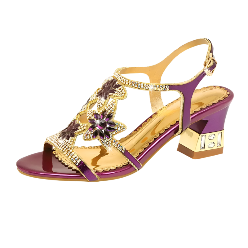 Diamond-embellished leather sandals with multiple heel height options for versatile resort wear

