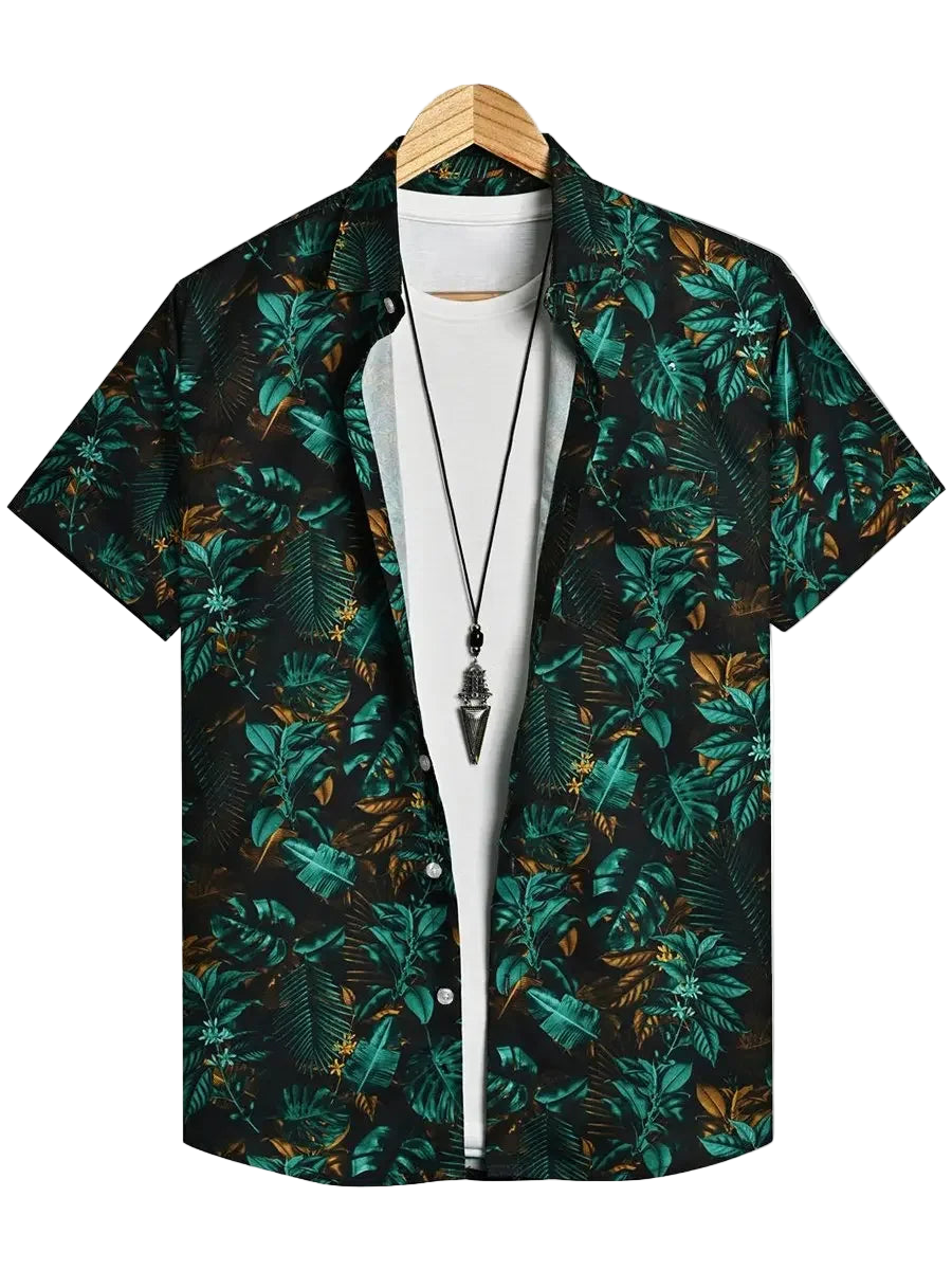 Tropical patterned shirt on a hanger with a white shirt underneath