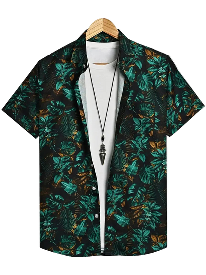 Tropical patterned shirt on a hanger with a white shirt underneath