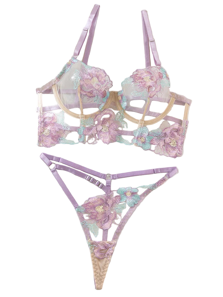 Floral lingerie set with 'Sun Rainy' branding on a light background.