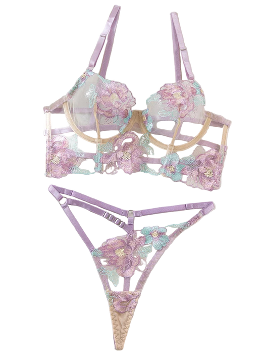 Floral lingerie set with 'Sun Rainy' branding on a light background.
