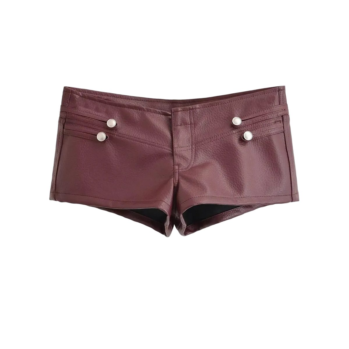 A pair of burgundy faux leather shorts with silver snap button details on the front pockets, shown flat on a white background.
