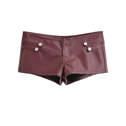A pair of burgundy faux leather shorts with silver snap button details on the front pockets, shown flat on a white background.