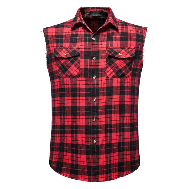A sleeveless red and black plaid flannel shirt with a button-down front, two chest pockets, and raw, frayed edges. 