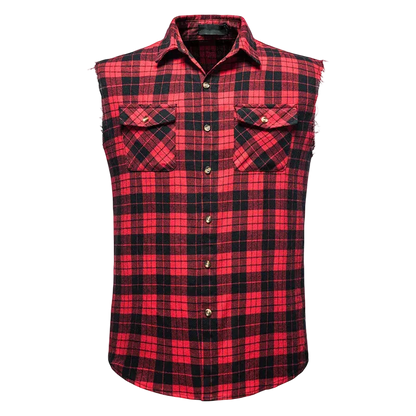 A sleeveless red and black plaid flannel shirt with a button-down front, two chest pockets, and raw, frayed edges. 