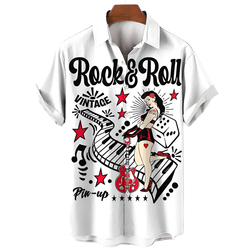 White shirt with 'Rock & Roll Vintage Pin-up' design featuring a woman, guitar, and musical notes.