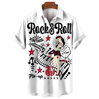 White shirt with 'Rock & Roll Vintage Pin-up' design featuring a woman, guitar, and musical notes.