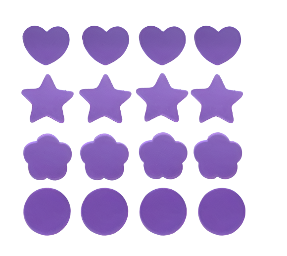Sunscreen reminder stickers with purple shapes on a clear background, showing a measurement of 7.6cm.
