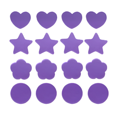 Sunscreen reminder stickers with purple shapes on a clear background, showing a measurement of 7.6cm.