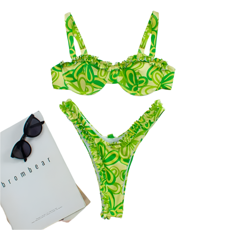 A vibrant bikini set with a green floral pattern and pink ruffle trim. The top has structured cups and adjustable straps, while the bottom features a high-cut design.