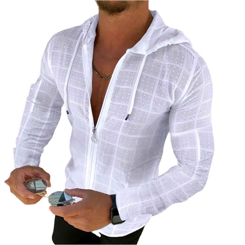 Mens Zip Up Hooded White Plaid Tshirts