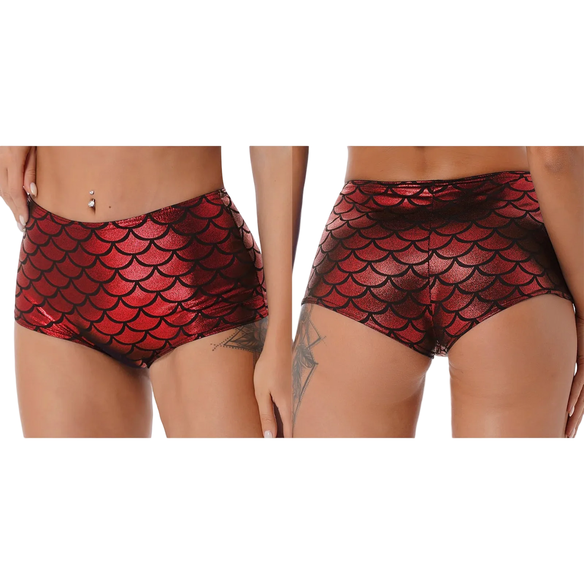 Two views of a model wearing red and black mermaid scale patterned high-waisted bikini bottoms against a white background.