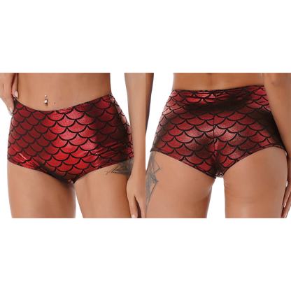Two views of a model wearing red and black mermaid scale patterned high-waisted bikini bottoms against a white background.