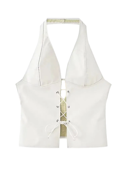 White halter top with lace-up front on a white background