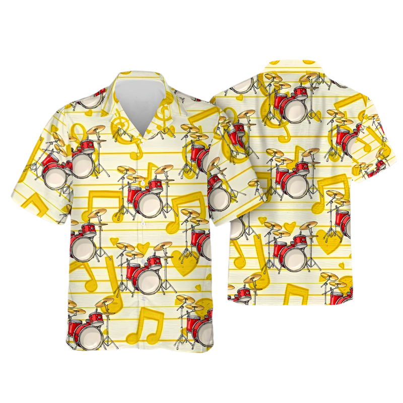 Hawaiian shirt with drum set and music note pattern on a yellow background