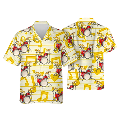 Hawaiian shirt with drum set and music note pattern on a yellow background