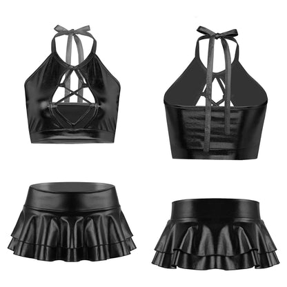 Two Piece Sets Womens Outifits Clothing Set Shiny Metallic Rave Erotic Halter Crop Top Bra Vest With Faux Leather Mini Skirt XXL
