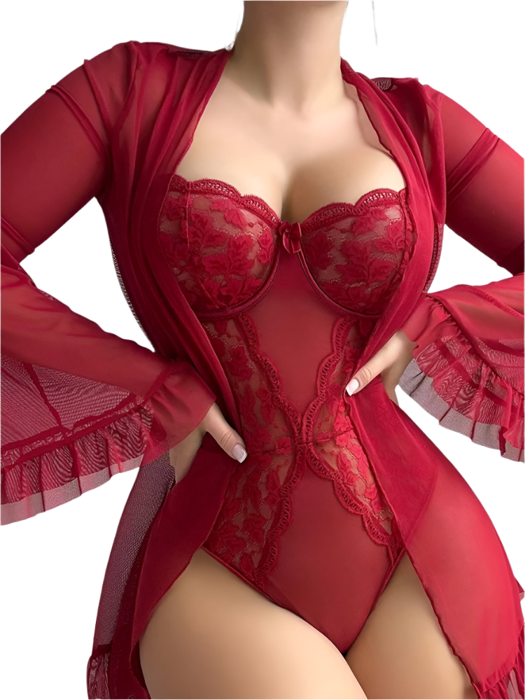 Red lace lingerie set with matching jacket on a plain background