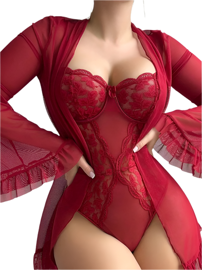 Red lace lingerie set with matching jacket on a plain background