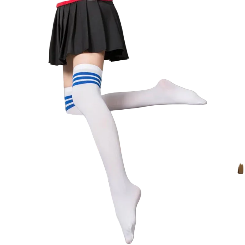 Person wearing white knee-high socks with blue stripes sitting on a gray couch.