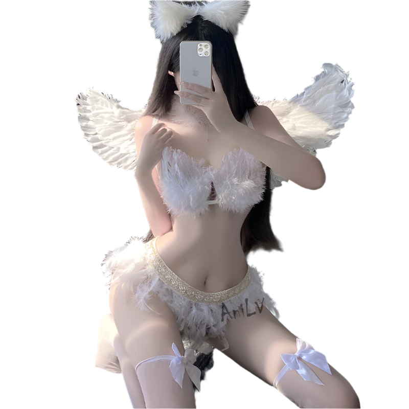 White Feathered Angel Wing Bra Set - Fantasy Theme Night Costume with Wings