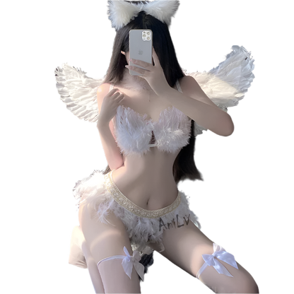 White Feathered Angel Wing Bra Set - Fantasy Theme Night Costume with Wings