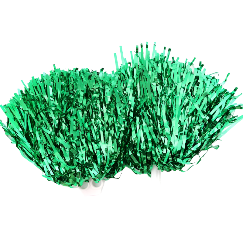 Two green tinsel pom-poms on a white background