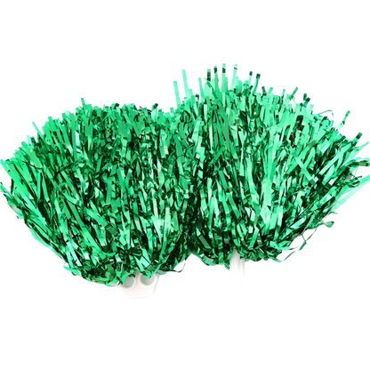 Two green tinsel pom-poms on a white background