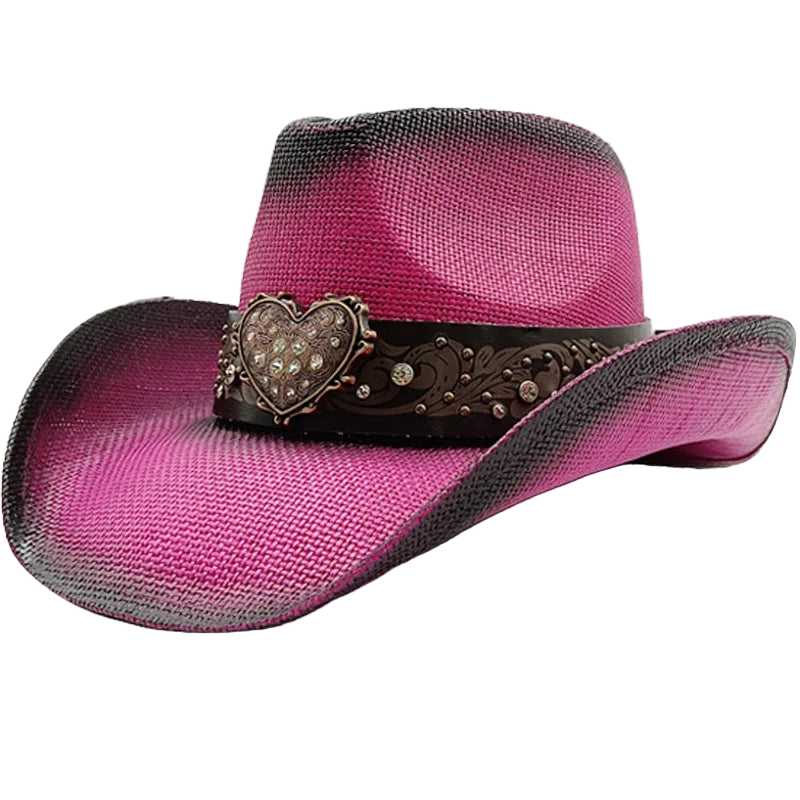 Pink cowboy hat with decorative band on a white background
