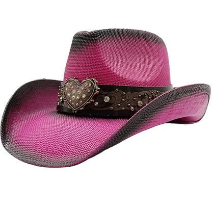 Pink cowboy hat with decorative band on a white background