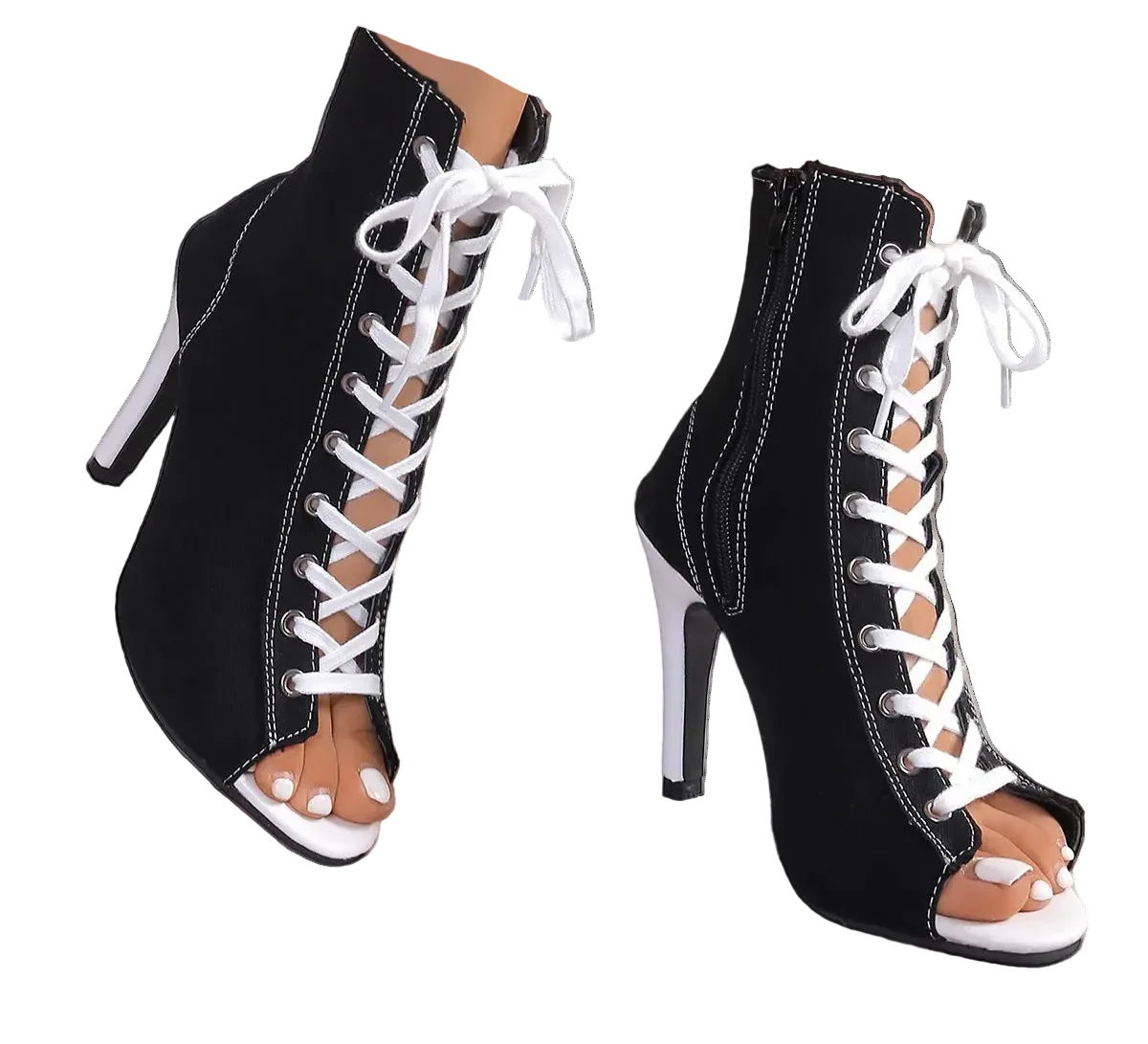 Black high-heeled shoes with white laces on a neutral background