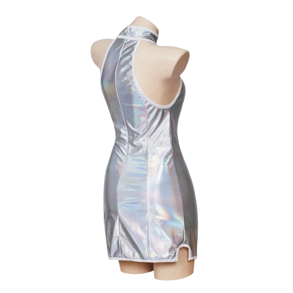 A silver holographic mini dress with a halter neckline. It features a sleek, reflective finish that catches the light, creating a futuristic look.