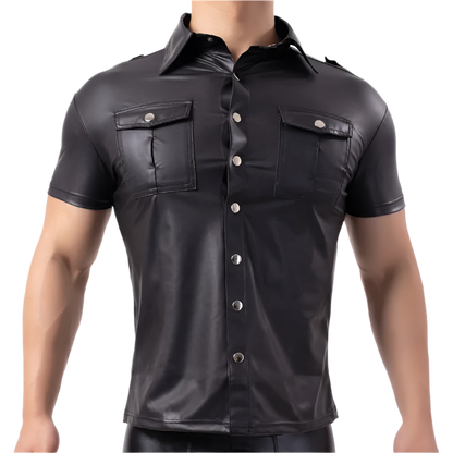 Black leather shirt with short sleeves on a white background