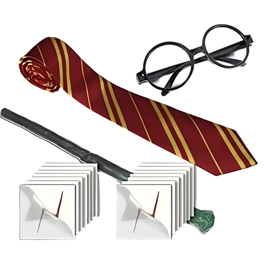 Red and gold striped tie, black glasses, silver cane, and envelopes with a snake on a white background