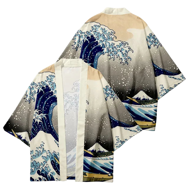 Kimono-style garment with wave and mountain design on a white background