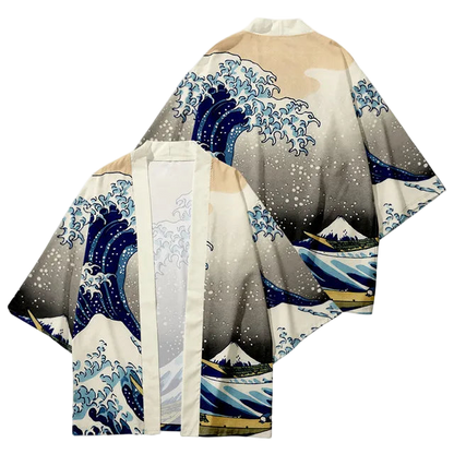 Kimono-style garment with wave and mountain design on a white background