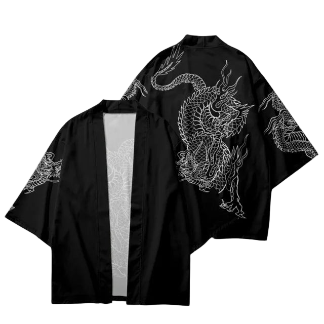 Black kimono-style garment with white dragon design on a white background