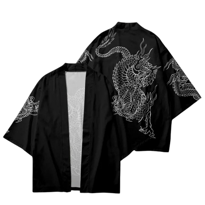Black kimono-style garment with white dragon design on a white background