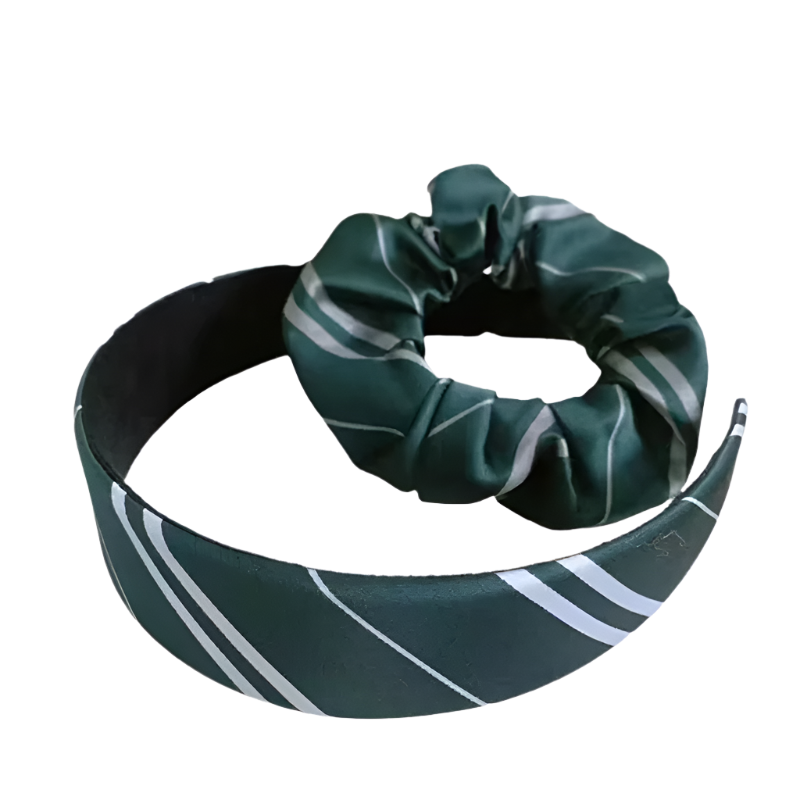 Green headband with a matching scrunchie on a white background