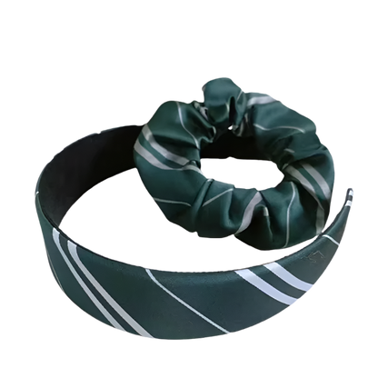 Green headband with a matching scrunchie on a white background