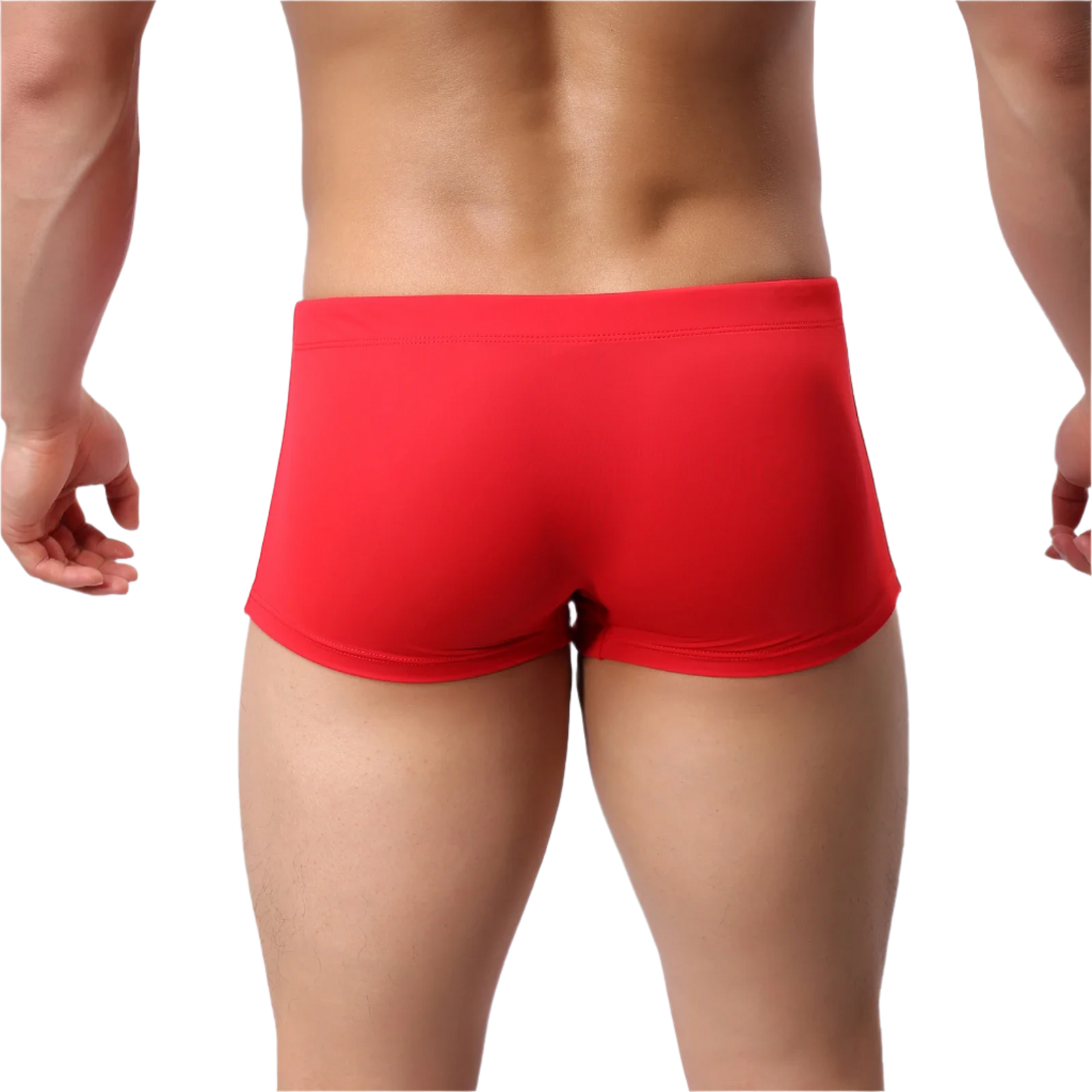 Red swim trunks with white drawstring and 'ARIGREBEN' branding