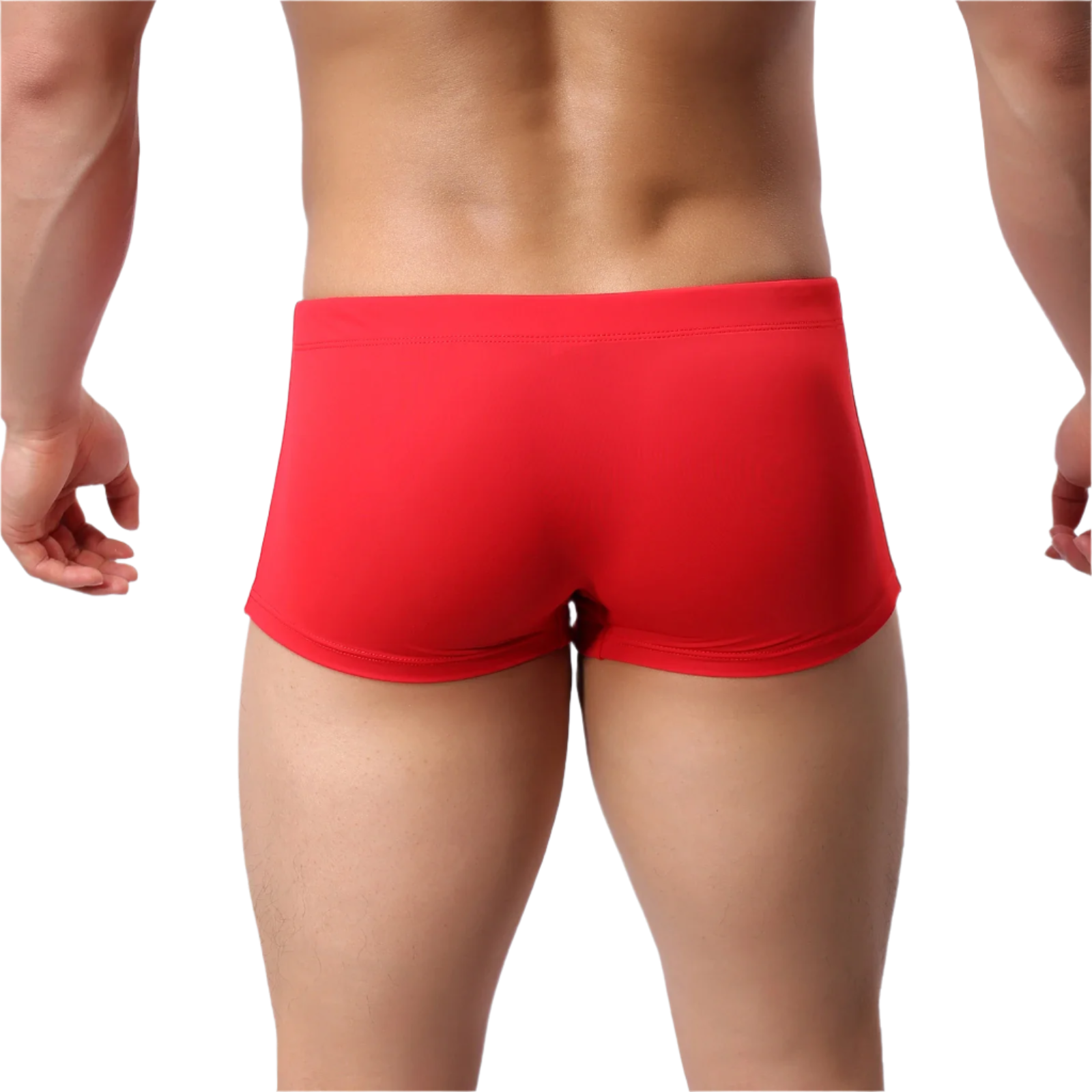 Red swim trunks with white drawstring and 'ARIGREBEN' branding