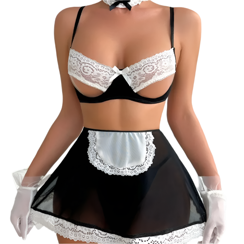 Black and white lace lingerie set with gloves on a neutral background