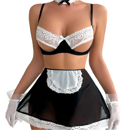 Black and white lace lingerie set with gloves on a neutral background