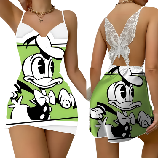 A playful mini dress with a cartoon character print in green and black. The dress has a low back with lace detailing, offering a fun and unique style.