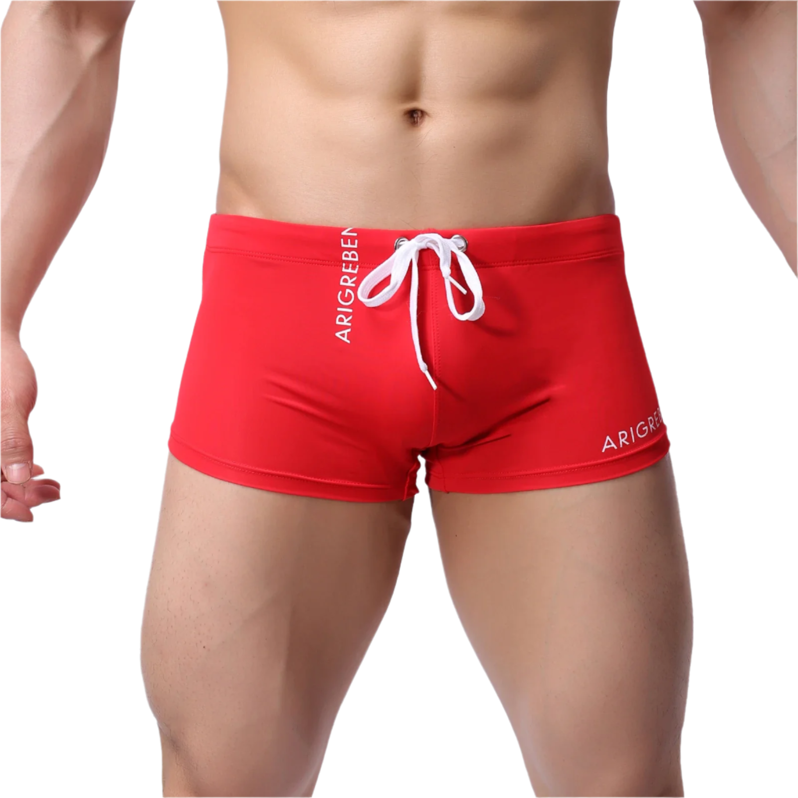 Red swim trunks with white drawstring and 'ARIGREBEN' branding