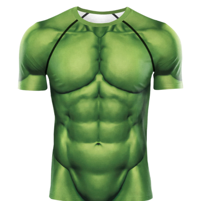 Green Muscle Shirt: A short-sleeve t-shirt with a printed design resembling a muscular green torso, perfect for a superhero-inspired look.

